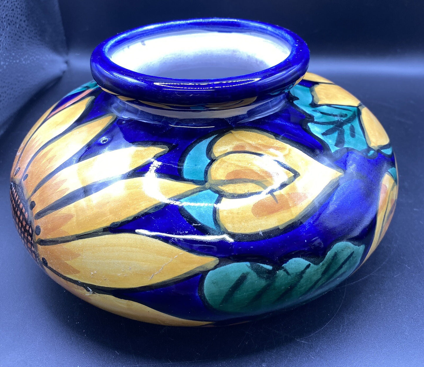 vintage 9" Terracotta Pottery Planter Vase Mexican Talavera 1980's Sunflower