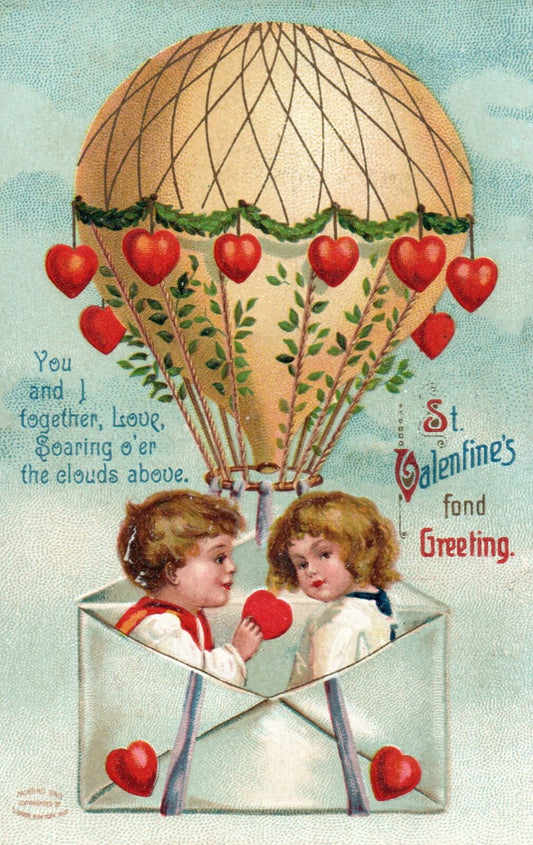 St. Valentine fond Greetings Children in Hot Air Balloon Valentine Postcard