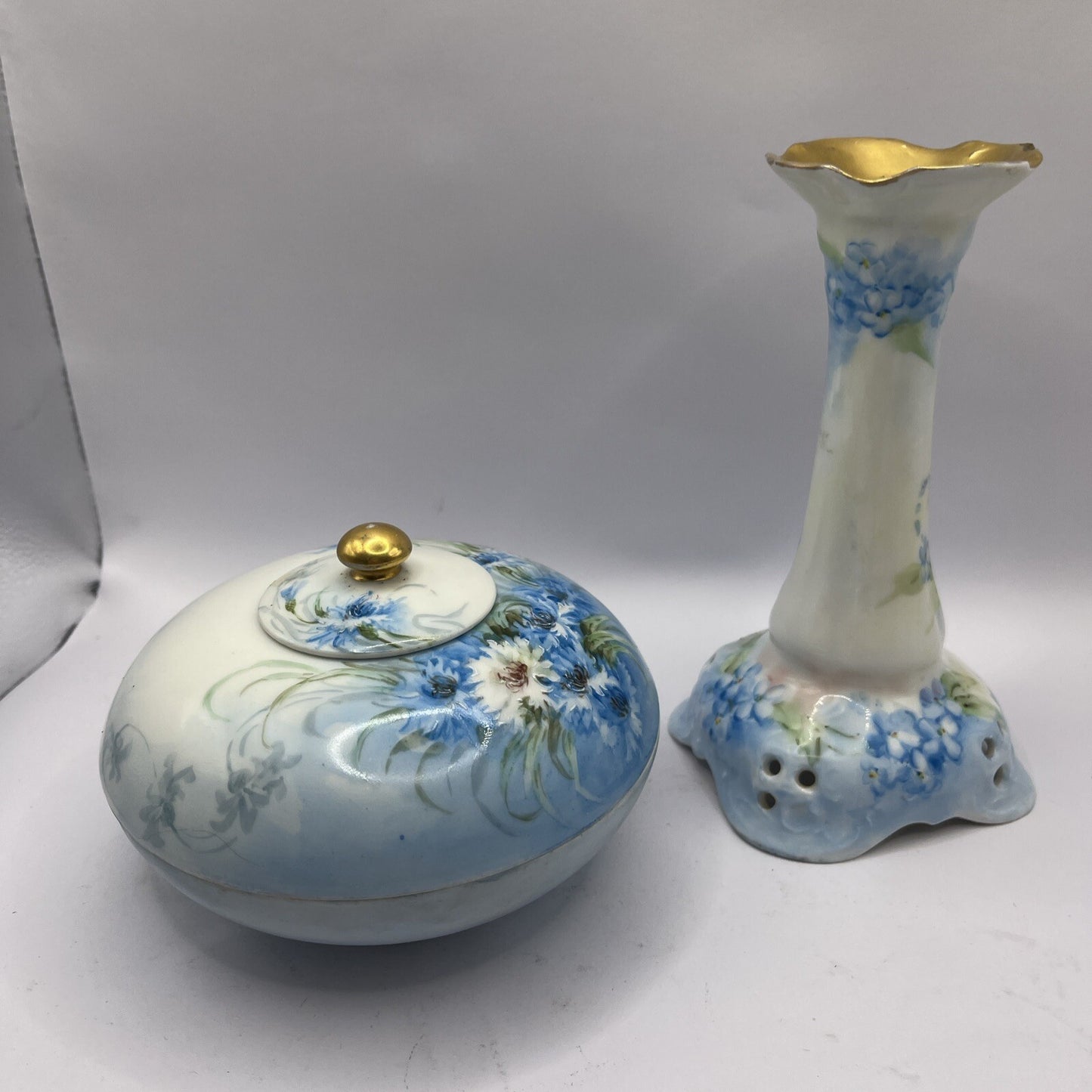 Limoge France  Signed on bottom Trinket or Powder Box & Candle Holder VTG