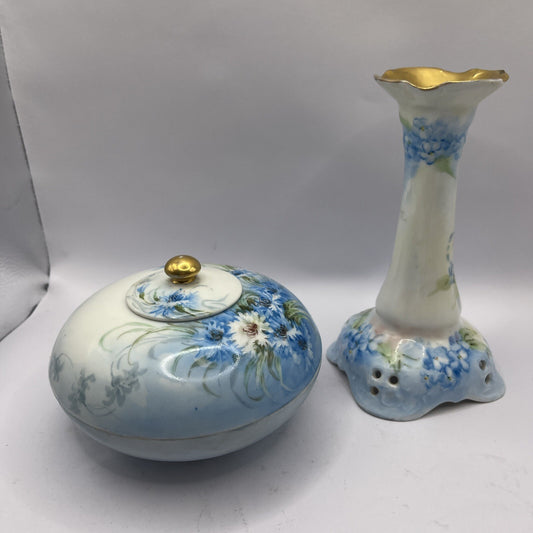 Limoge France  Signed on bottom Trinket or Powder Box & Candle Holder VTG