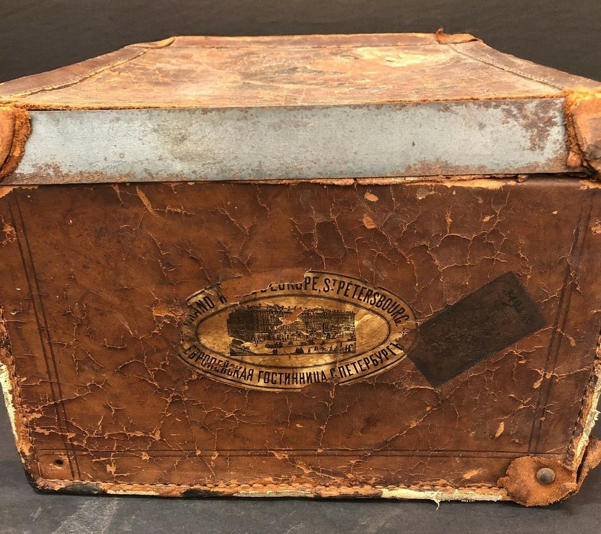 Antique Leather Hat Box silk lined International Hotel stamps stickers Japan