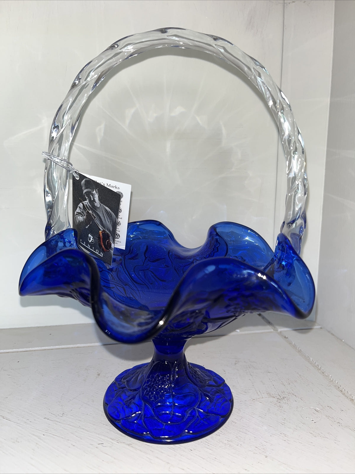  Fenton 95th Cobalt Blue Clear Handle embossed design basket with sticker