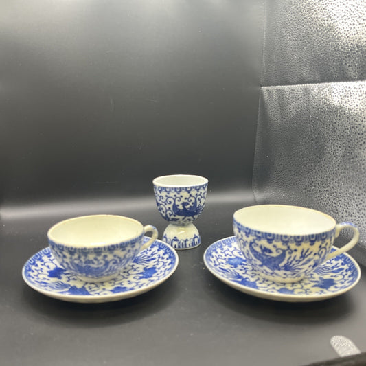 Vintage 2 Blue Chintz Phoenix Bird Cup & Saucer & Egg Cup Made in Japan