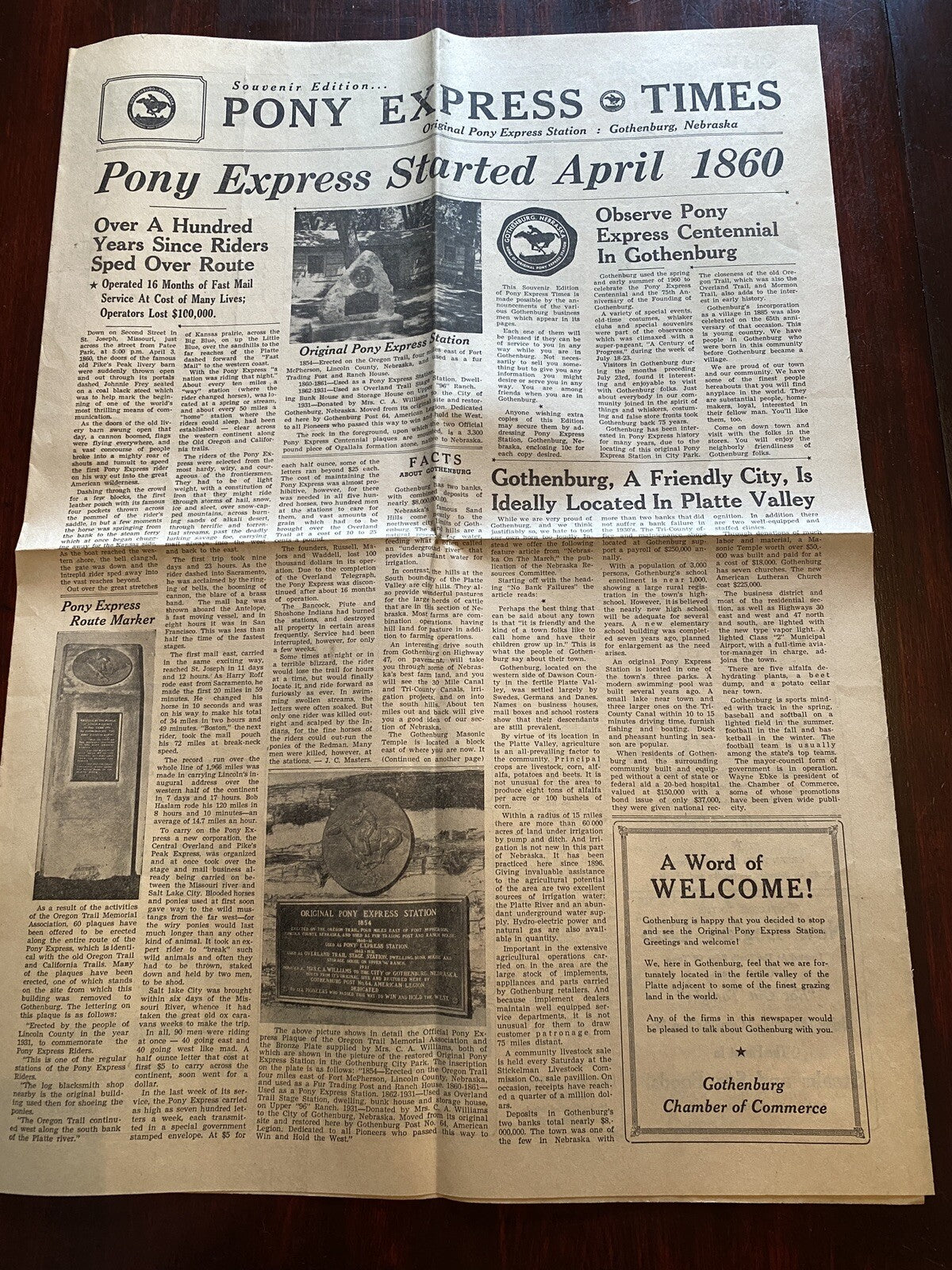 1960 Souvenir Edition Pony Express Times Gothenburg Nebraska NE Advertising