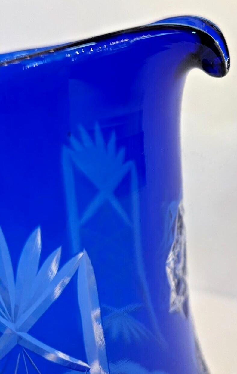Vintage 9.5" Bohemian Czech Cut crystal Cobalt Blue Glass Pitcher