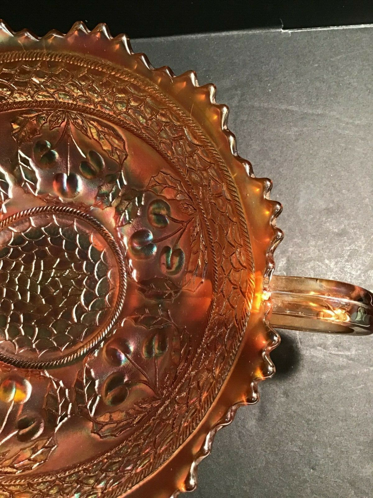Fenton 10" Marigold Bowl Cherries Circles Picot Edge Iridescent Carnival Glass
