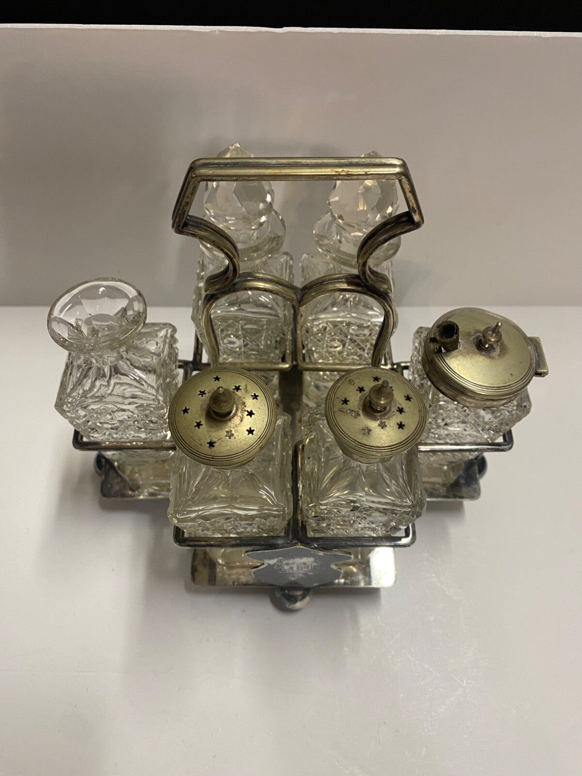 Antique 1900's Silver Plated Cruet 6 Piece Set & Carrier Salt Pepper Sugar &More