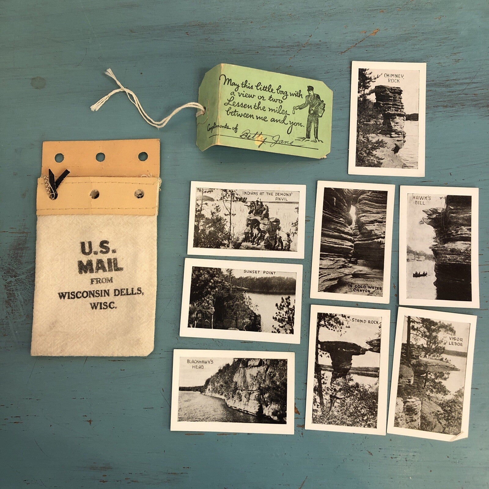 Souvenir Mini Photo View Cards Black & White in US Mail Bag Wisconsin Dells WI