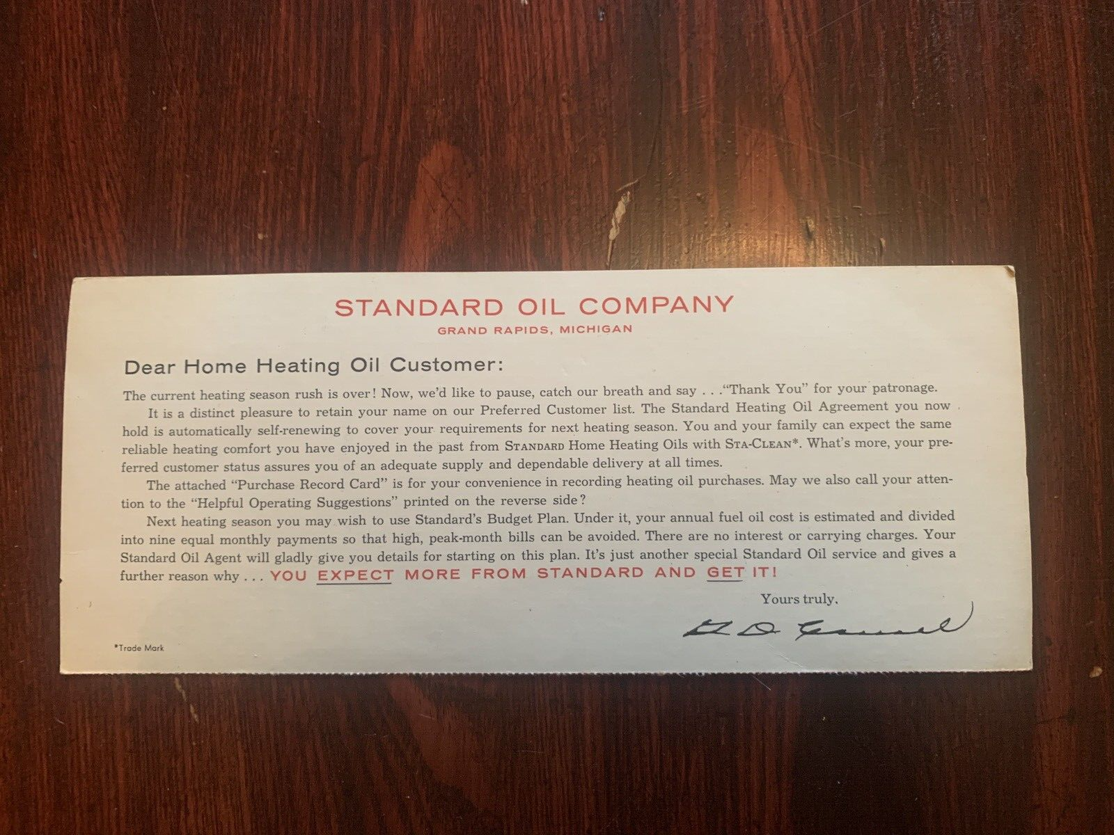 Vintage A Note of Thanks from Standard Oil Company Grand Rapids, Michigan