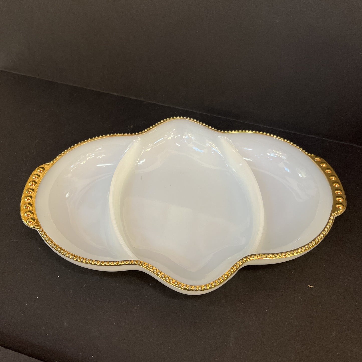 Vintage  Relish Tray Fire-King 3-Section - Milk Glass Divided Gold Bead Trim