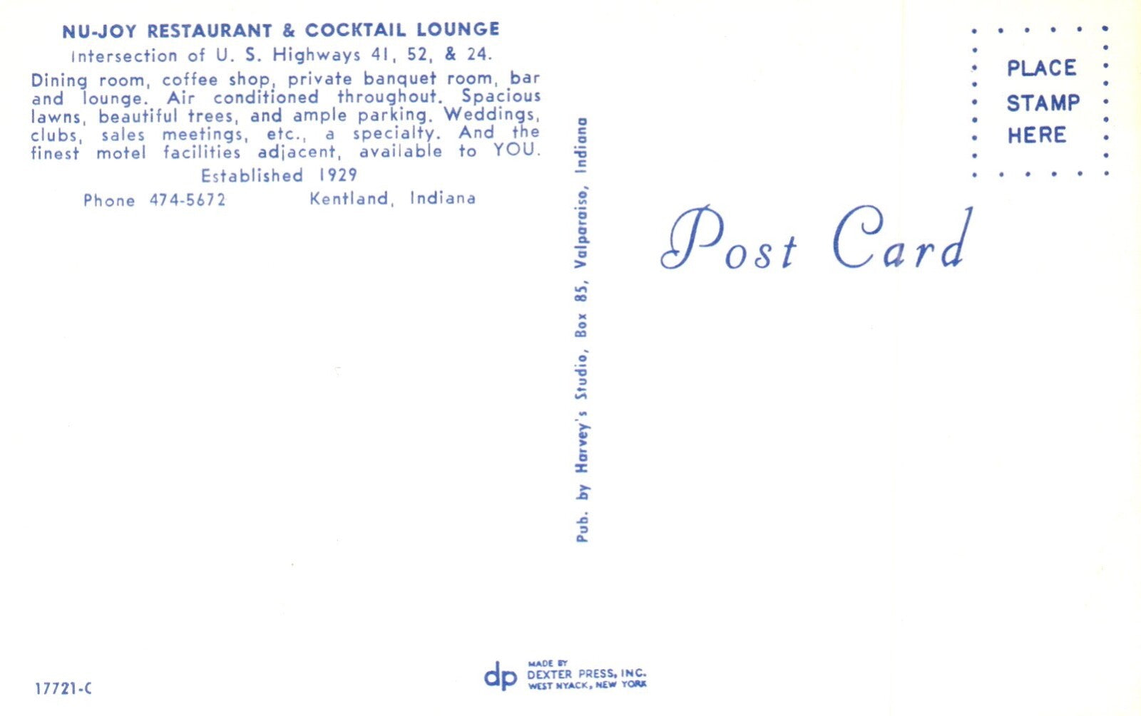 Nu-Joy Restaurant & Cocktail Lounge in Kentland Indiana IN Vintage Postcard