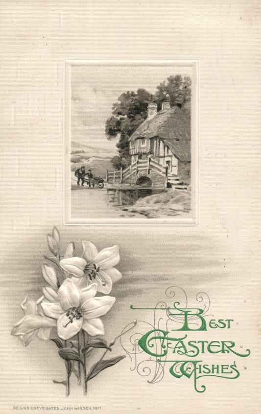 John Winsch Embossed Easter Postcard Black and White House On Water Flowers