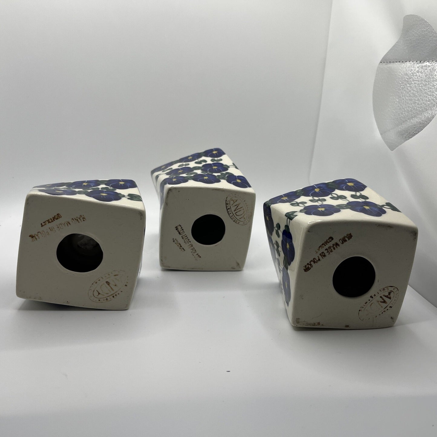 Polish Pottery Candle Holders Wild Blueberry Artistic Ceramics Set Of 3