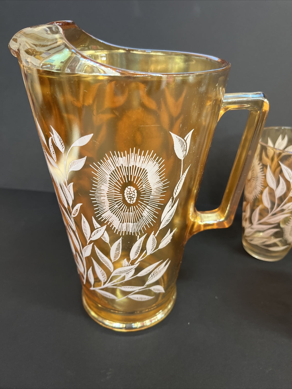 vtg Marigold Carnival Glass Pitcher 9.75" Hand Painted Sun Flowers w/ 2 glasses