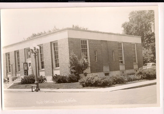 Real Photo Post Office Old lamp posts Lowell MI Michigan Mich  Postcard