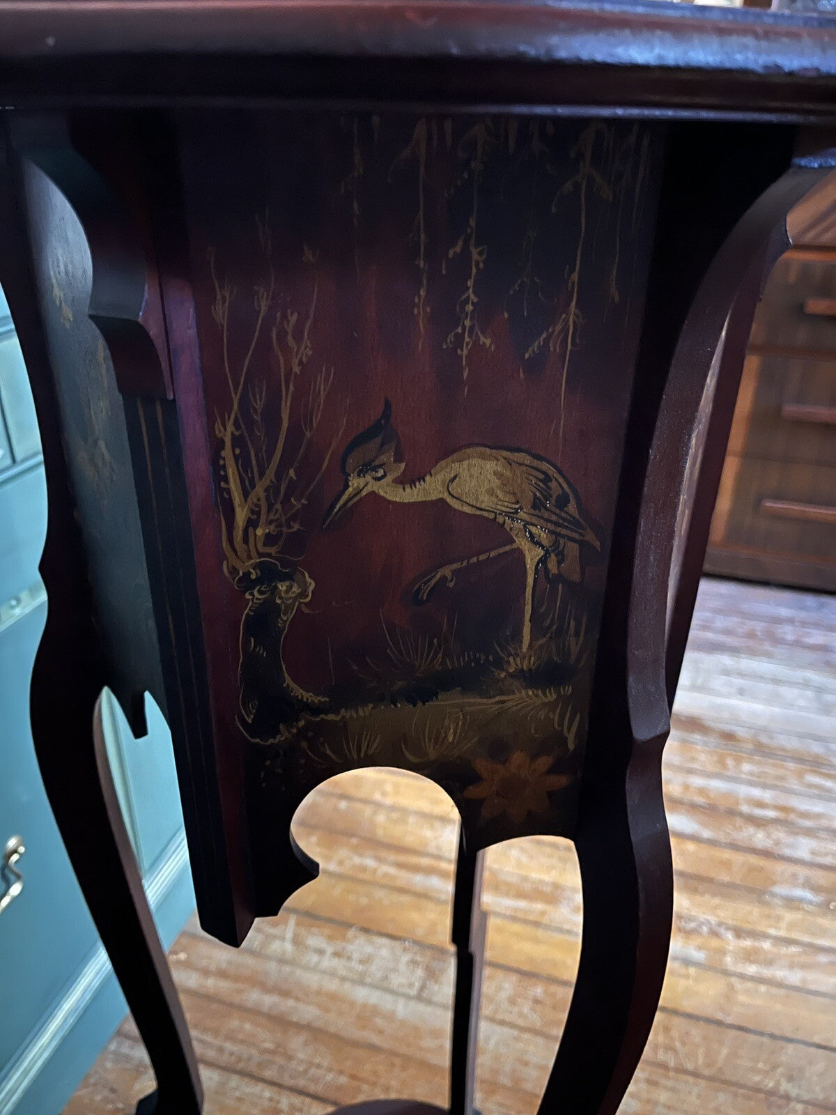 Antique French Wood Pedestal Plant Stands Hand Painted Scenes