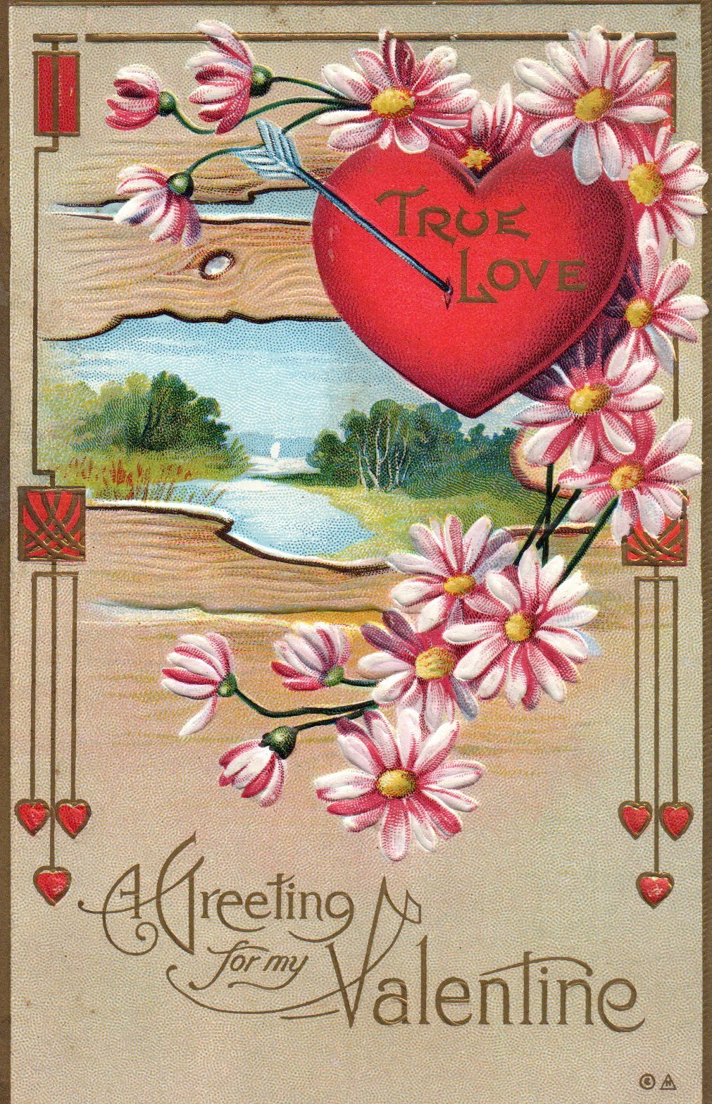 Gold Metallic Scenic View Of River Floral True Love Valentines Postcard Serie 34