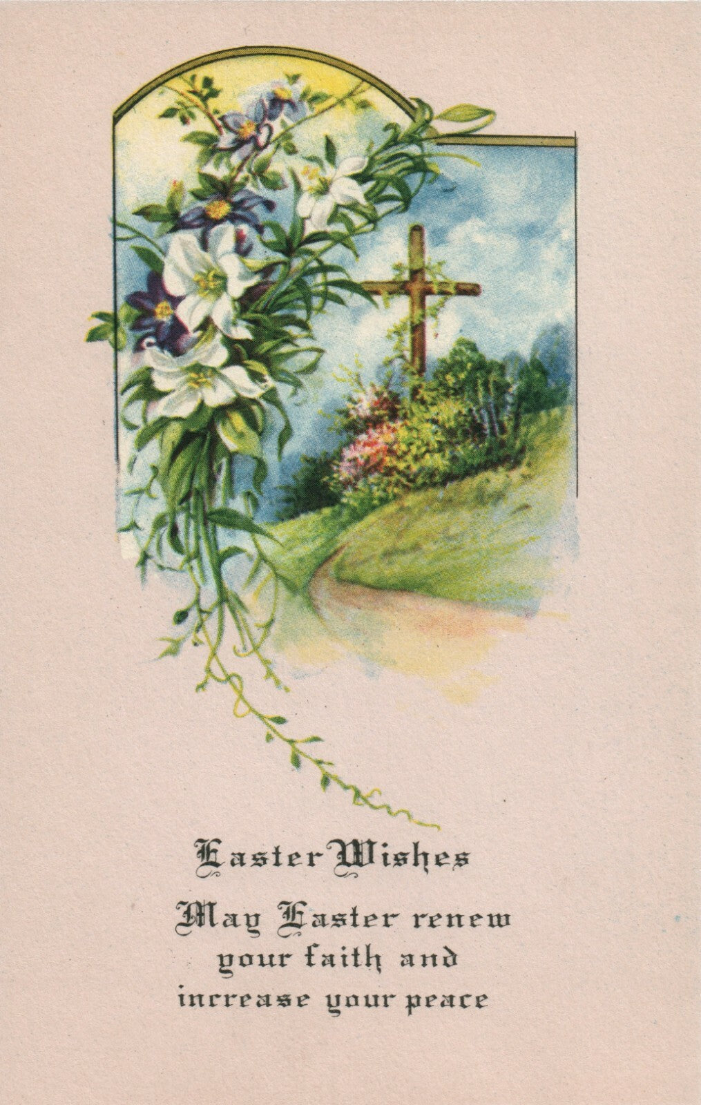 Pink Background Wood Cross Greenery Flowers Easter Postcard