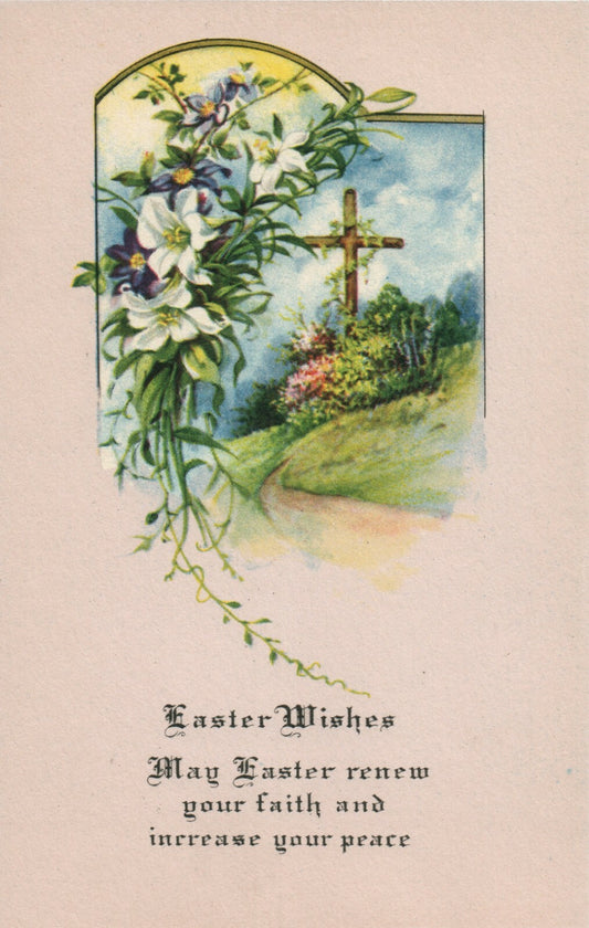 Pink Background Wood Cross Greenery Flowers Easter Postcard