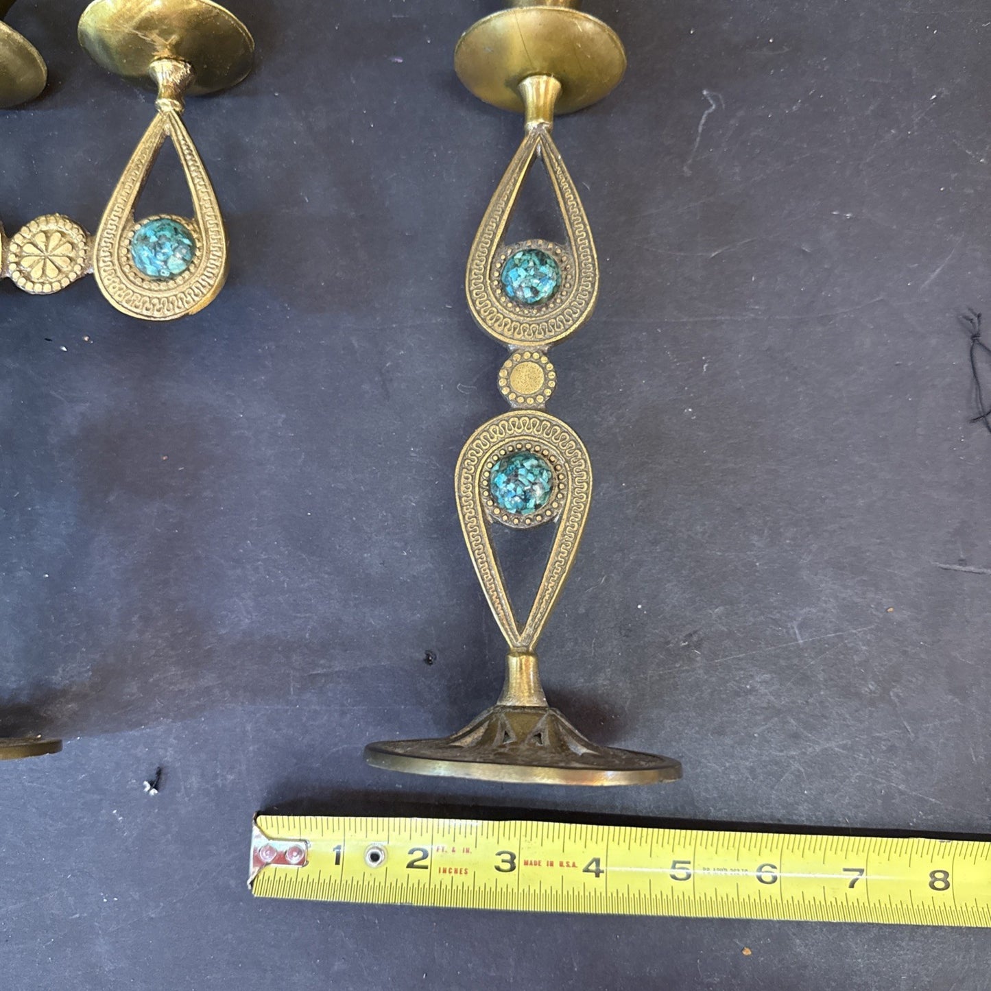 Vtg Israelian holyland brass candlesticks w/green Eliats