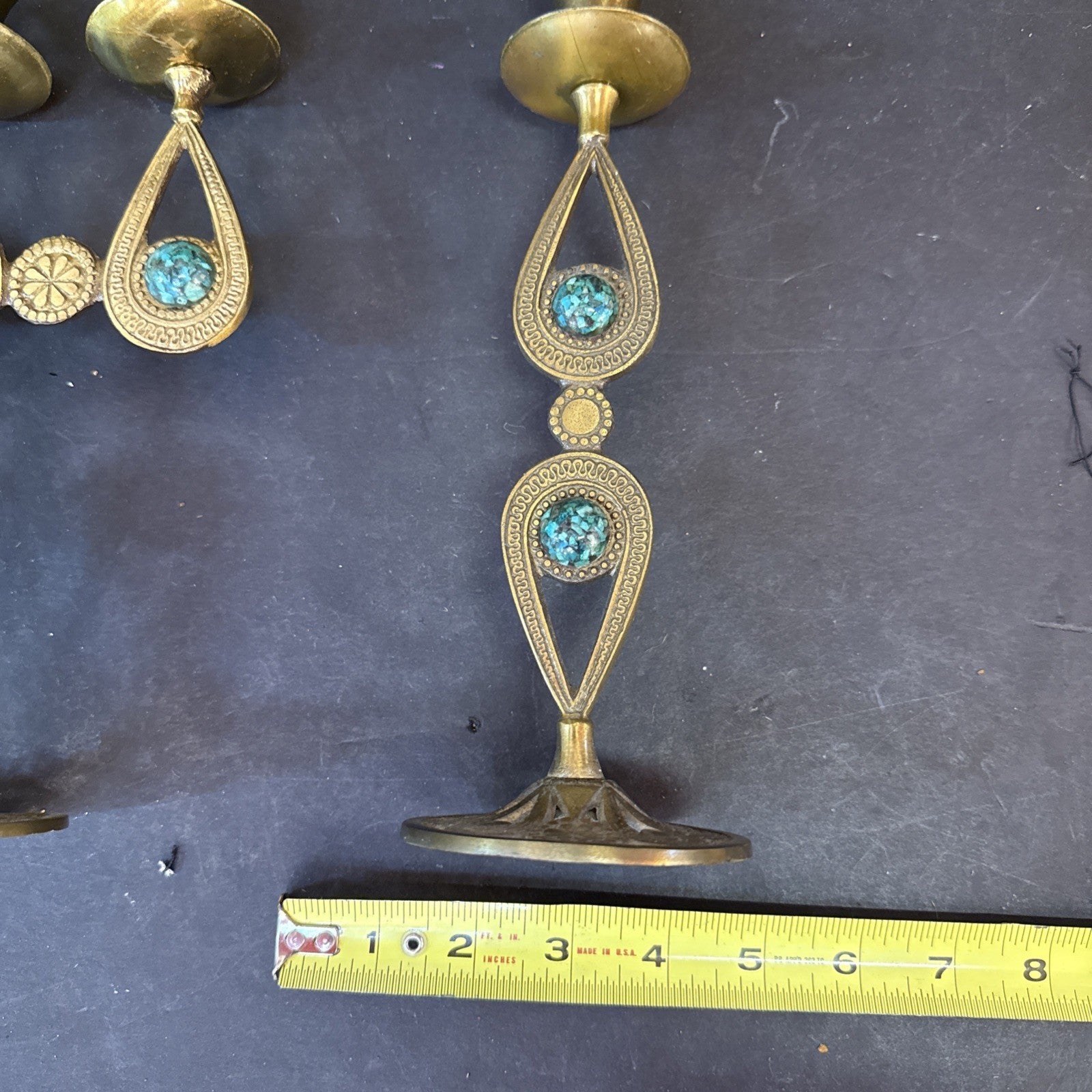 Vtg Israelian holyland brass candlesticks w/green Eliats