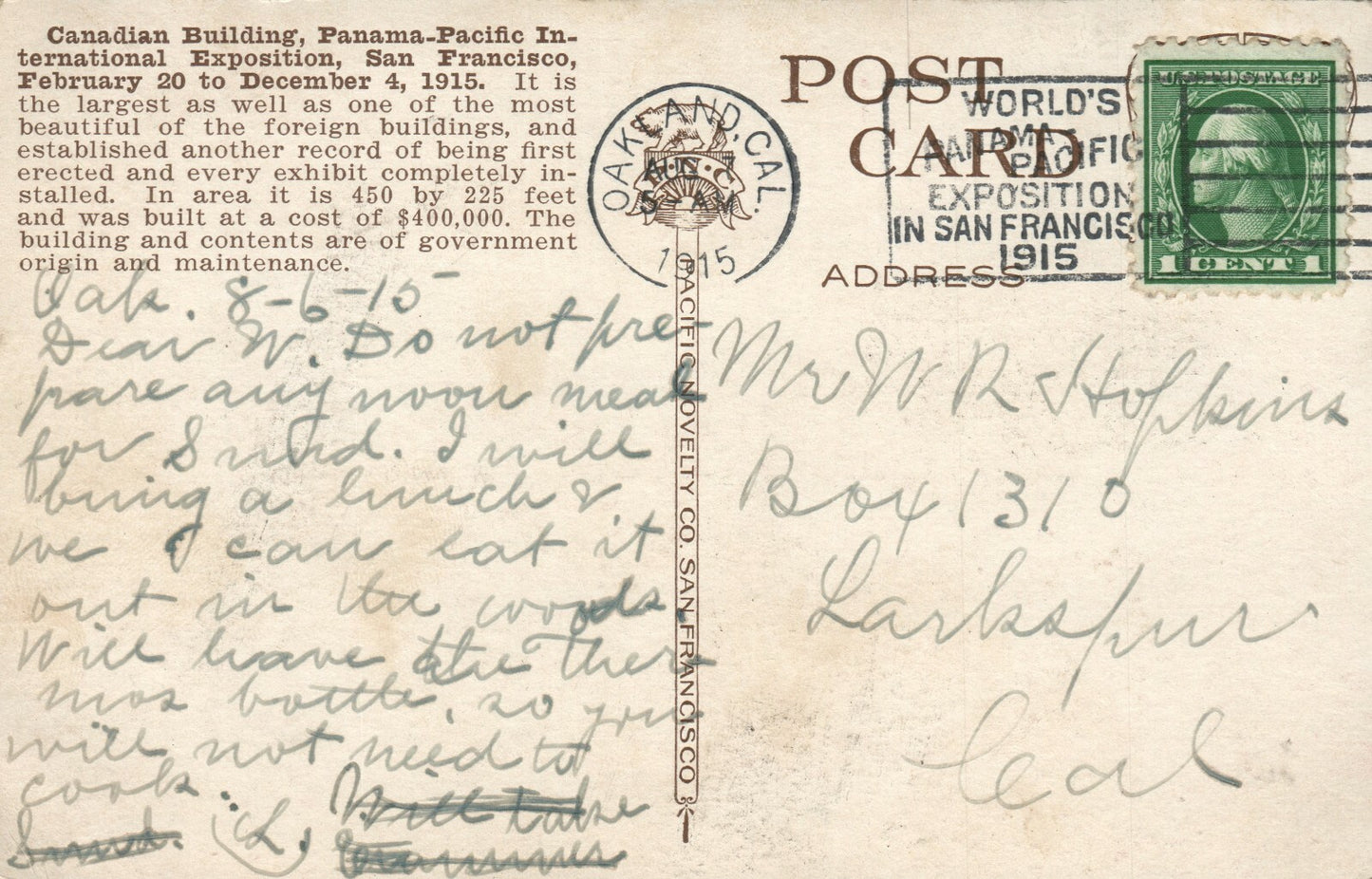 Canadian Pavilion Panama Pacific Exposition Expo California CA Vintage Postcard