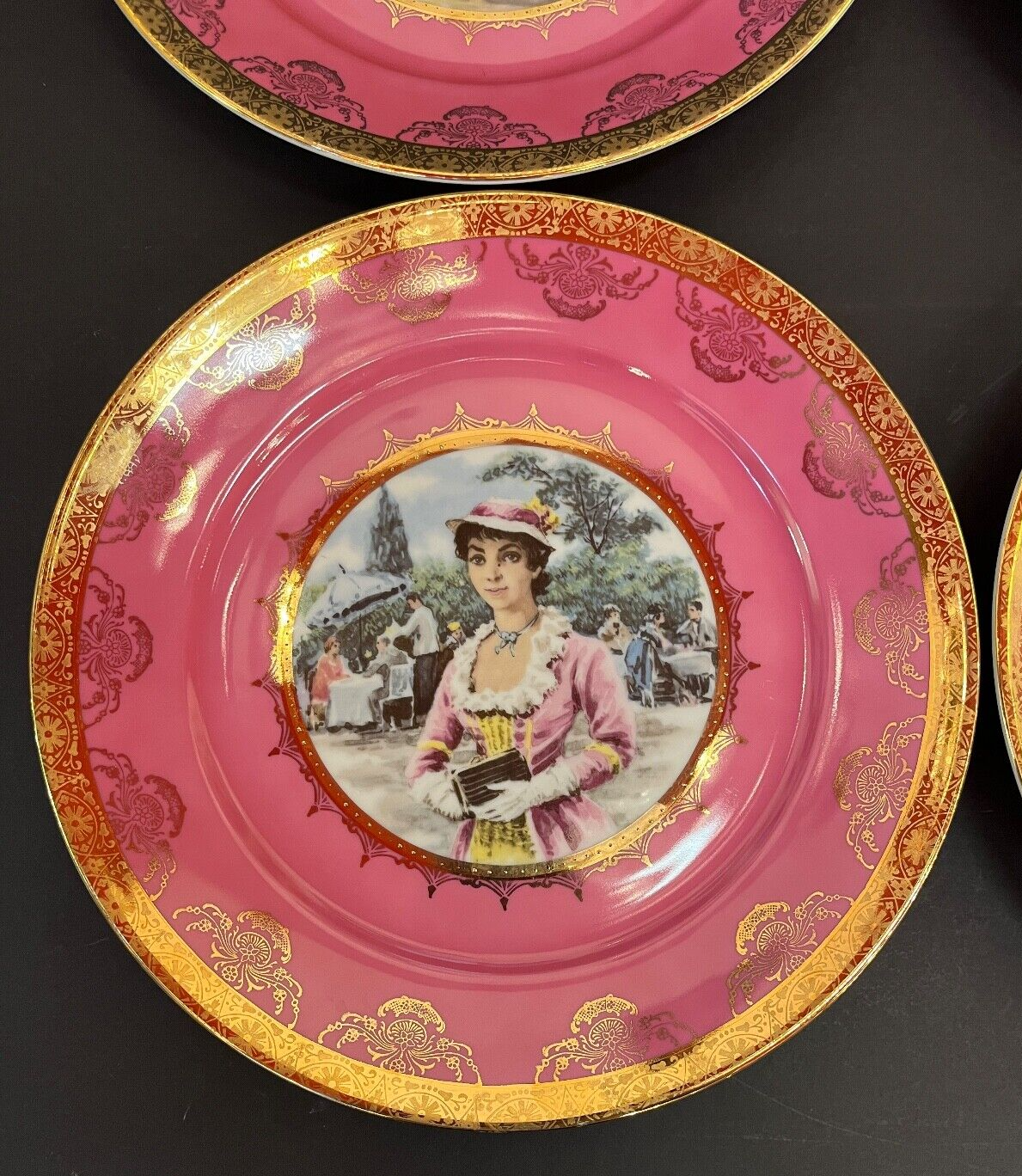 Vintage Set of 4 Bavaria Pretty Lady Portrait Pink Plate with Gold Trim