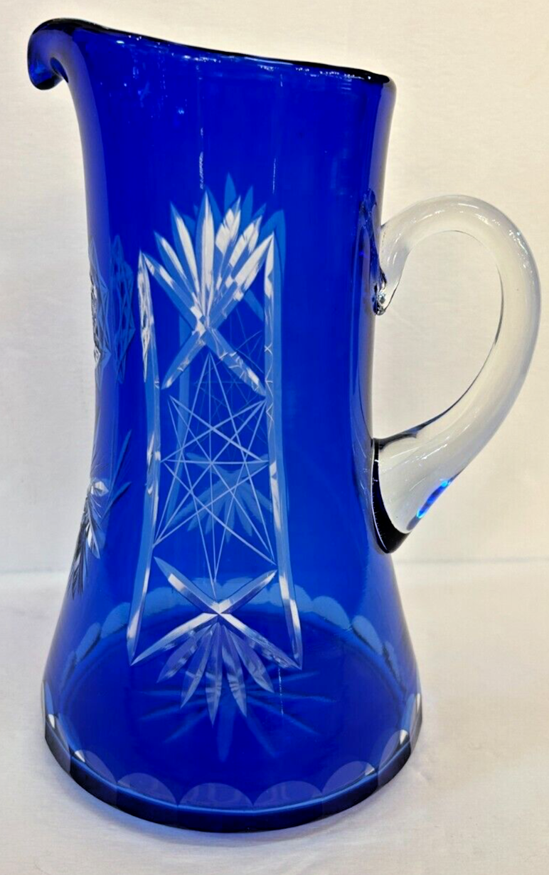 Vintage 9.5" Bohemian Czech Cut crystal Cobalt Blue Glass Pitcher