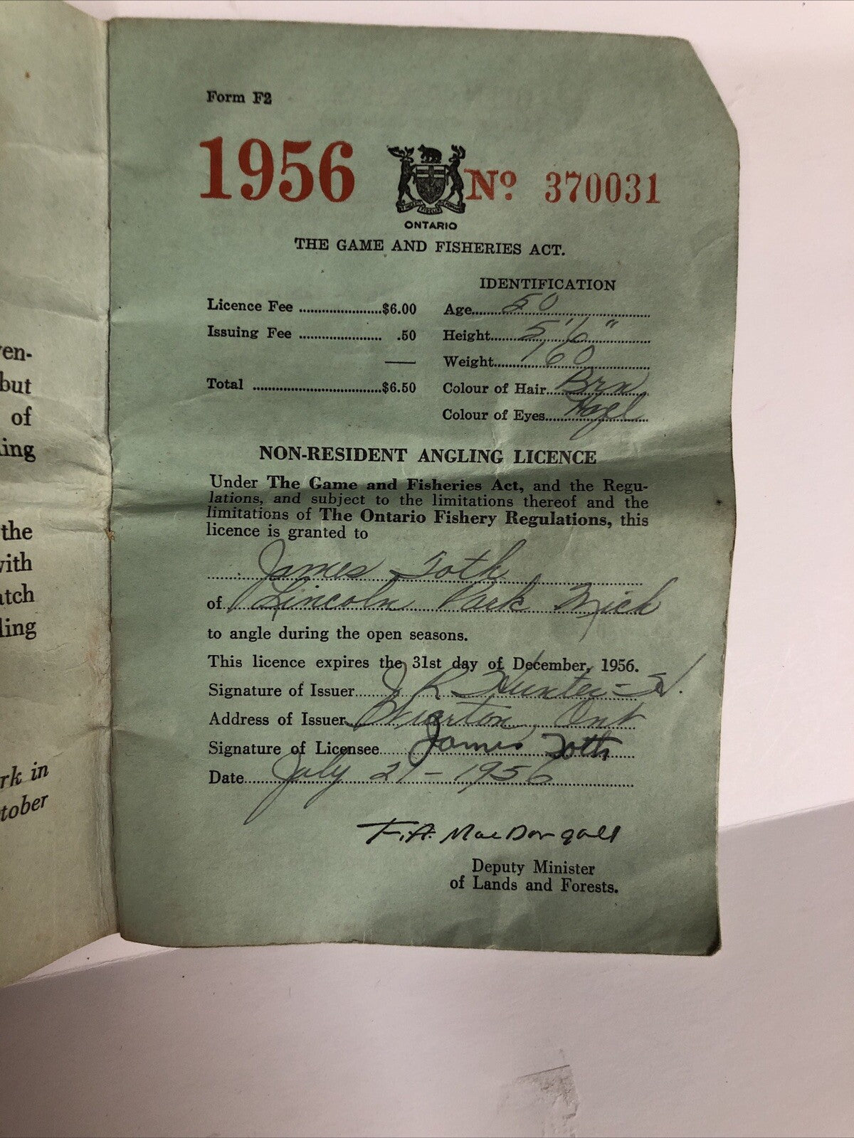 1956 Ontario Non Resident Angling Fishing License with Shipping Slips # 370031