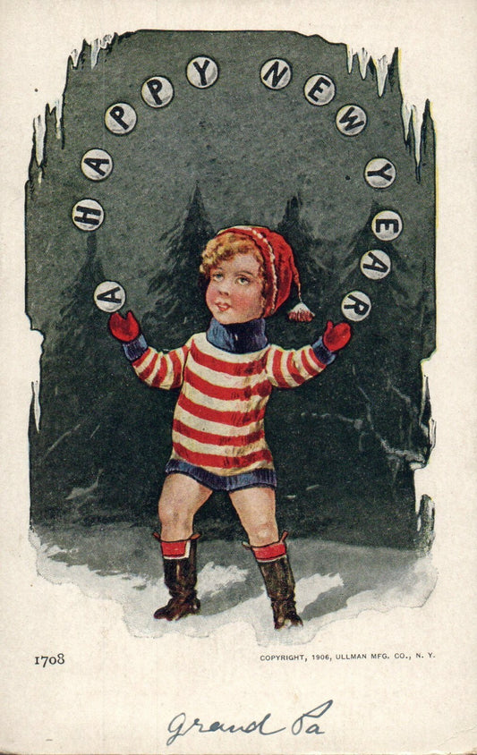 Early 1906 Ullman Child Juggling Snowballs  Happy New Year Vintage Postcard 1708