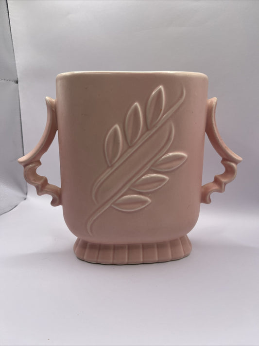 Vintage Red Wing Pottery Pink Leaf Embossed Double Handle Vase #1174