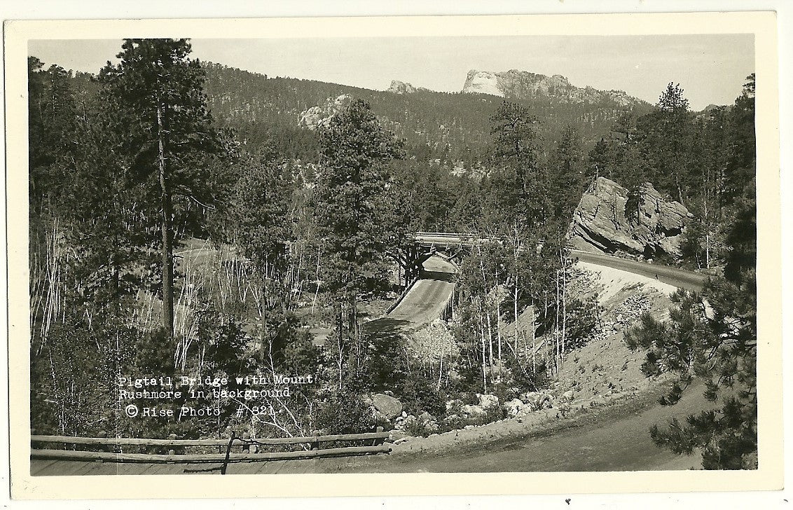 RPPC Pigtail Bridge Mount Rushmore in Background National Park SD South Dakota