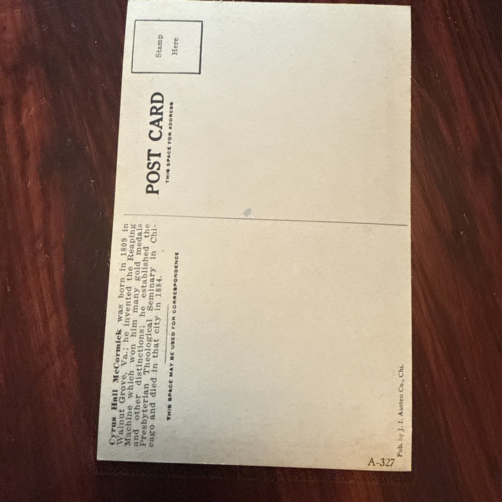 Cyrus McCormick by J I Austen Postcard Anvil Ship Plane Train c1910's *Scarce