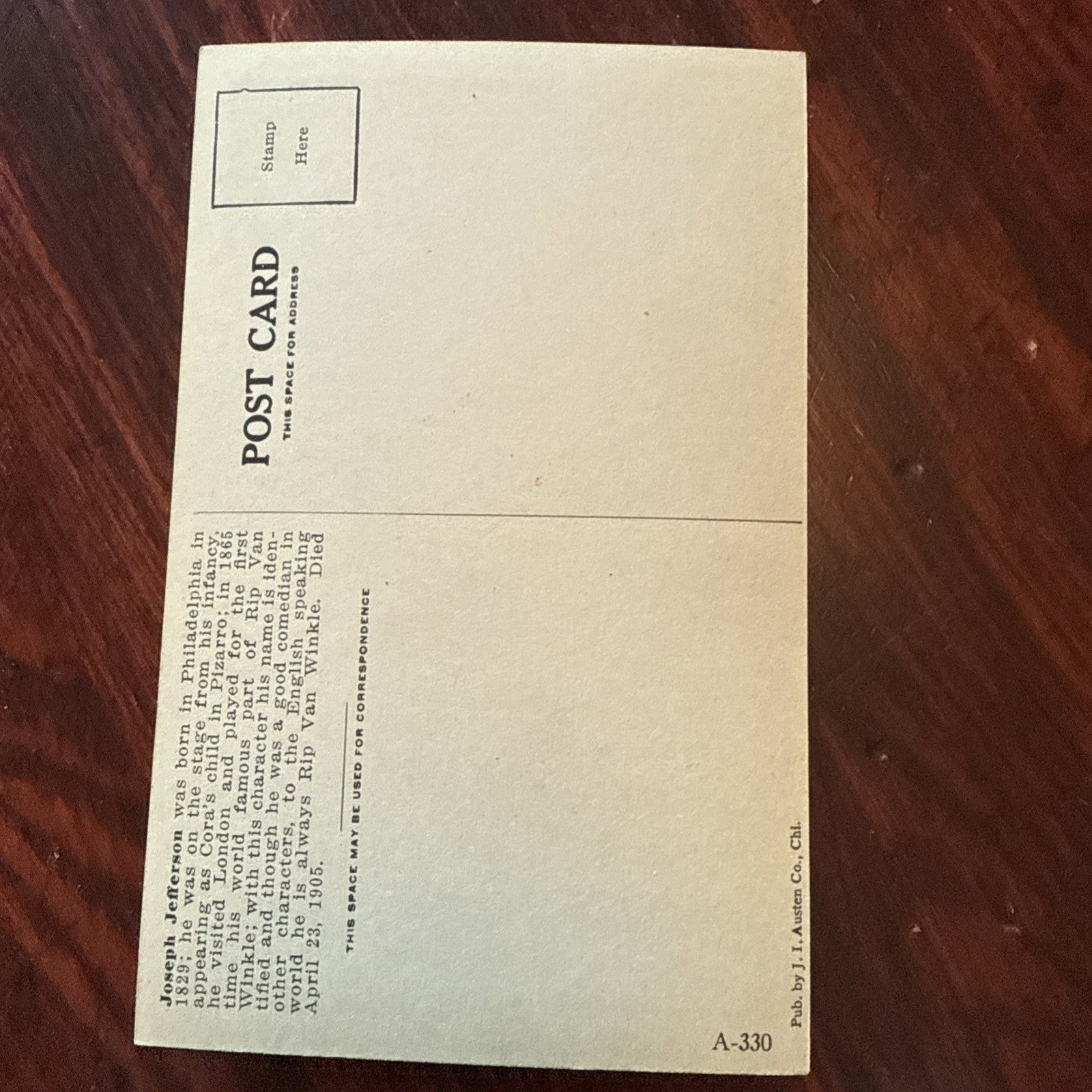 Joseph Jefferson J I Austen Postcard PEGASUS Arts Theater Writing 1910's *Scarce