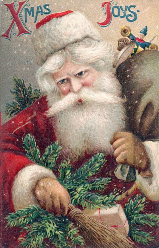Xmas Joys Santa Delivering Presents in the Snow & Cold Santa Postcard