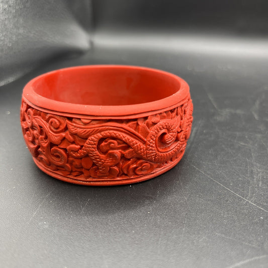 Vintage Red Carved Cinnabar Bangle wide Bracelet  