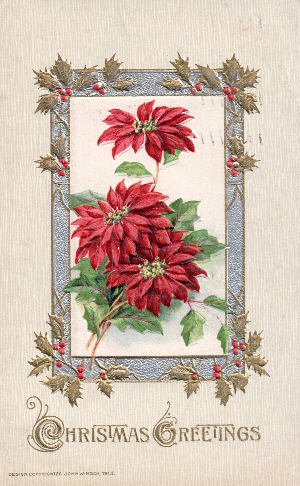 Vintage John Winsch Christmas Wishes Silver Border Poinsettia Postcard