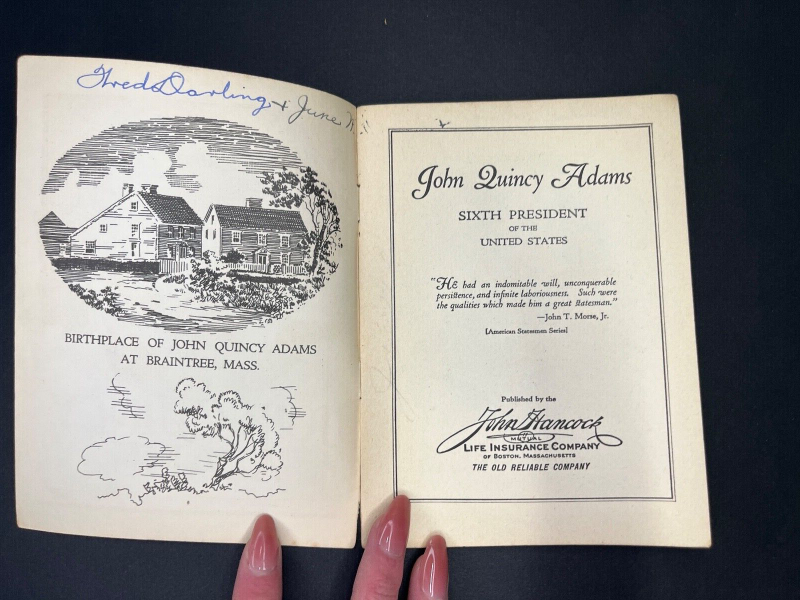 Vintage "John Quincy Adams" John Hancock Life Insurance Ad Book