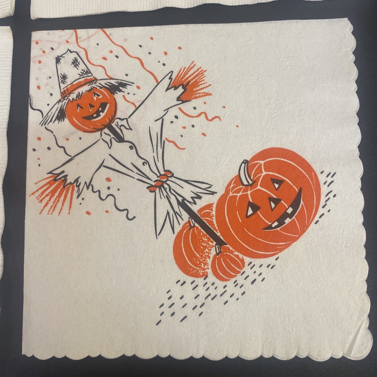 Vintage HALLOWEEN White PAPER NAPKIN Lot of 4 Pumpkins, Ghosts, Scarecrows, Bats
