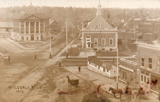 Real Photo Air View Street City Hall Post & More Hillsdale MI Michigan Postcard