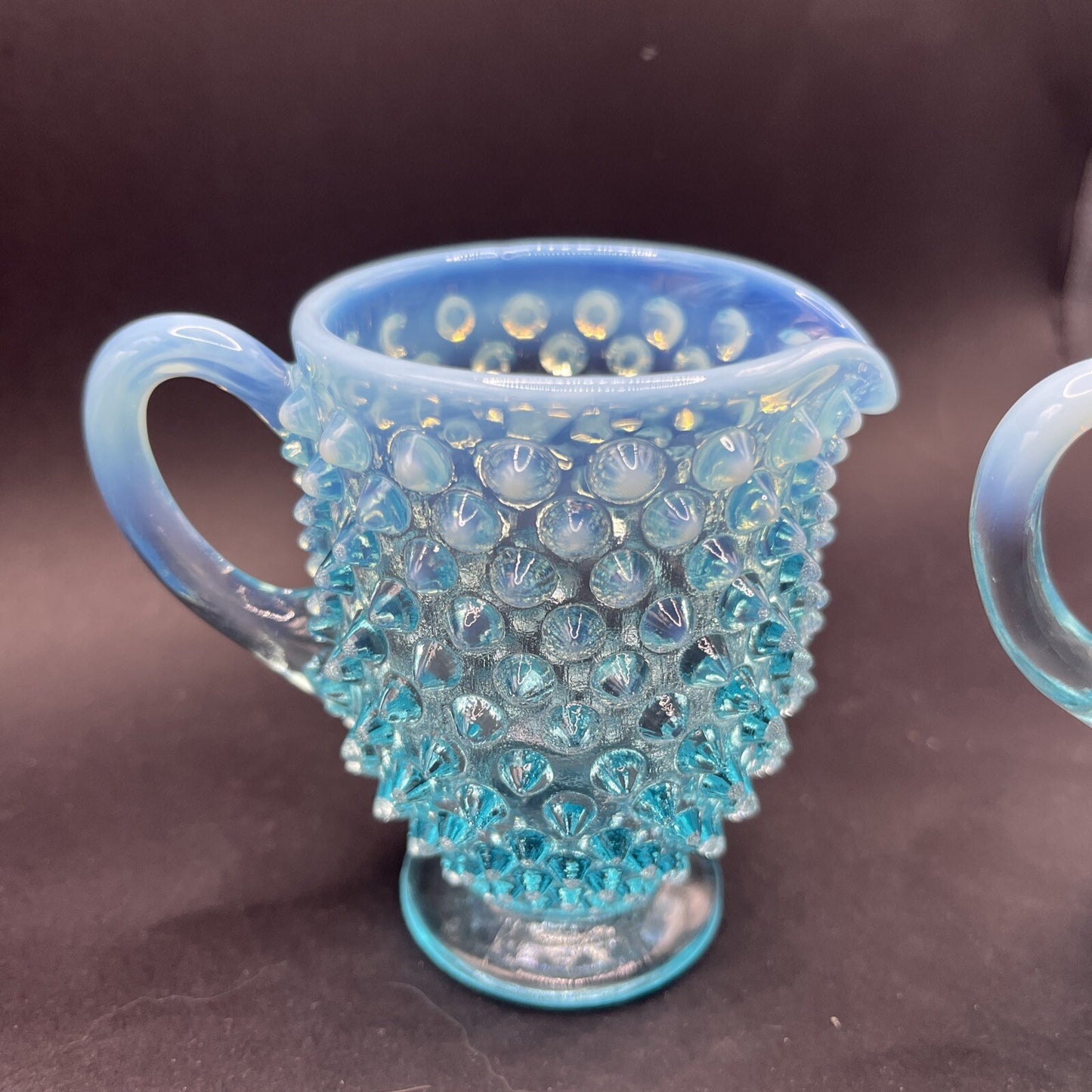 Fenton Glass Blue Opalescent Hobnail Creamer Sugar Bowl Set Lot Handle 3.5 Inch