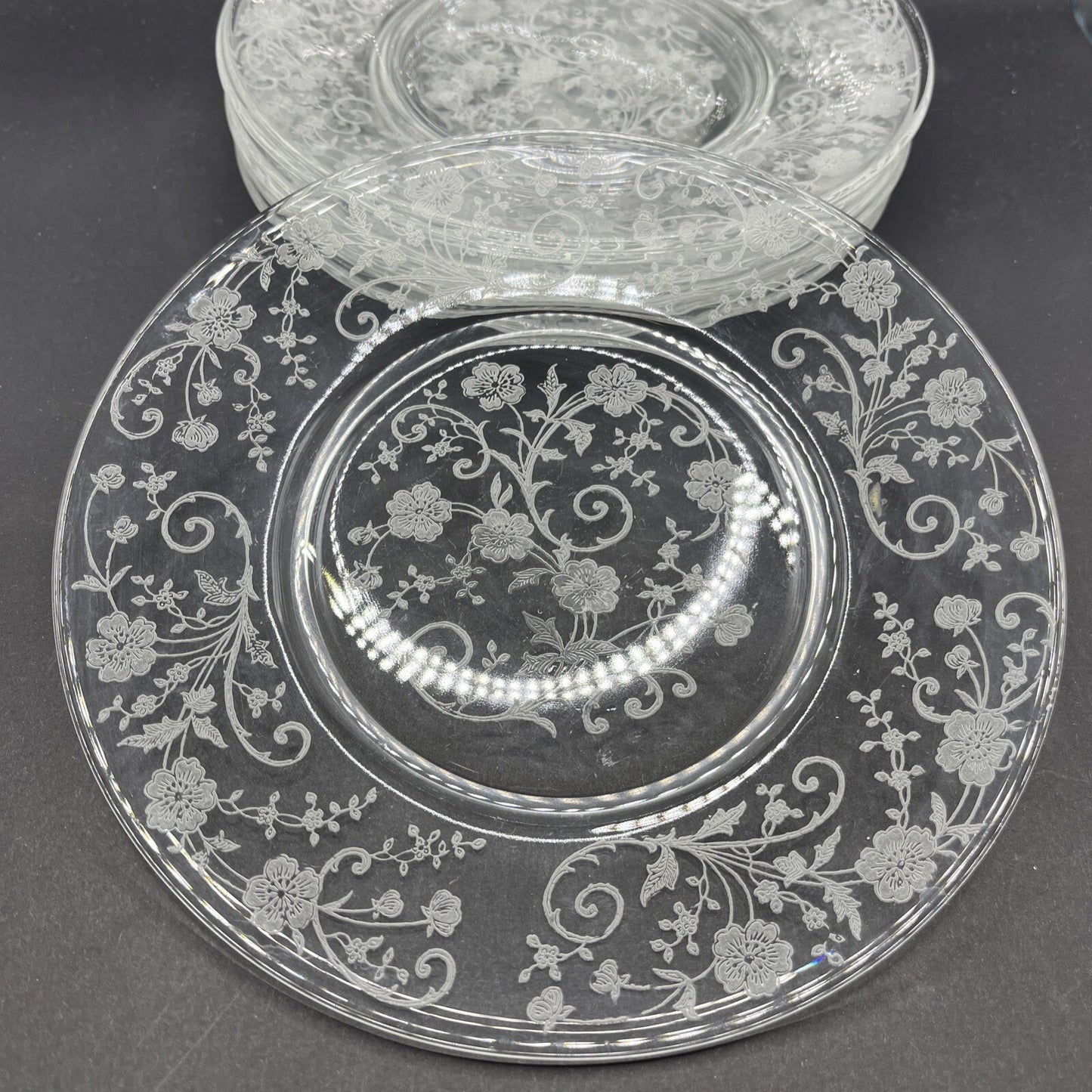 Vintage Fostoria Etched Buttercup Pattern c1942 Set of 8 Salad Plates 7 1/2" w