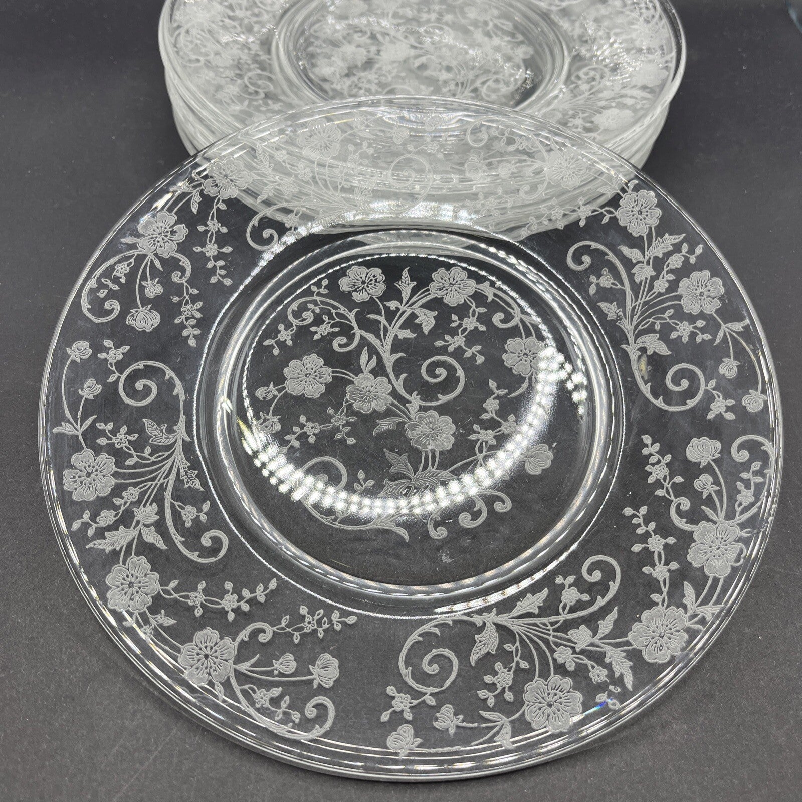 Vintage Fostoria Etched Buttercup Pattern c1942 Set of 8 Salad Plates 7 1/2" w