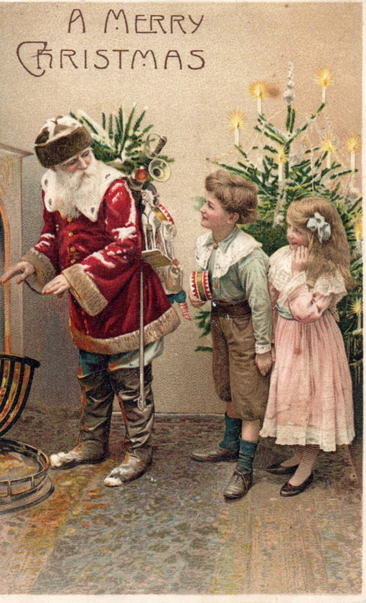 A Merry Christmas Santa Leaving After Delivering Presents Vintage Santa Postcard