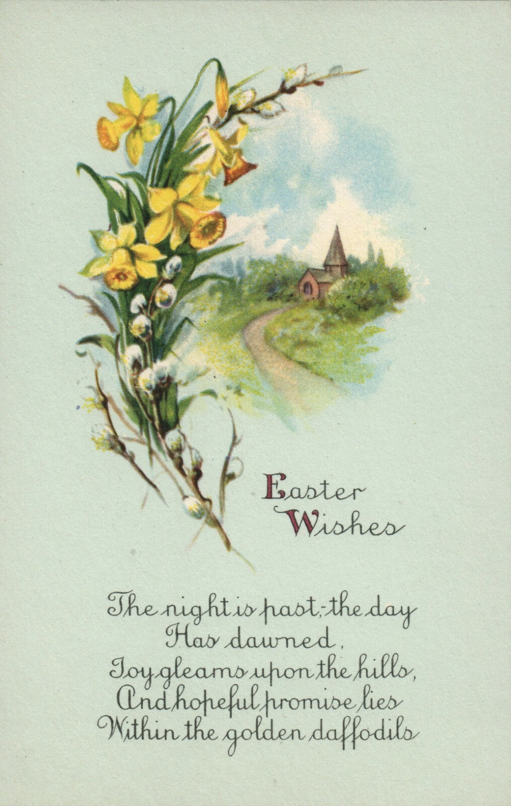 Easter Wishes Scenic View Yellow Flowers Greenery Poem Easter Postcard