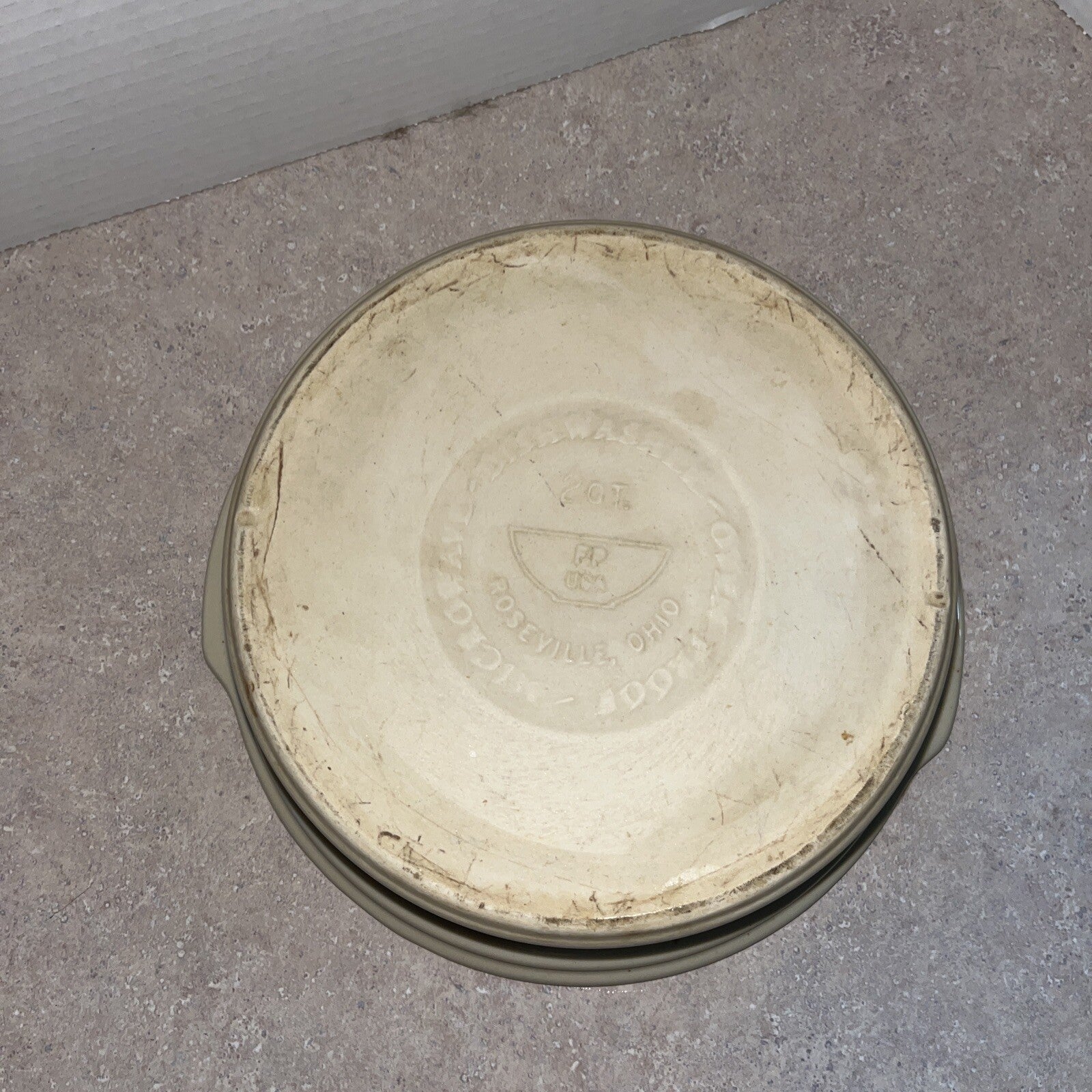 Bowl by Roseville Ohio Friendship Pottery BLUE PATTERN on STONE BACKGROUND 10.5”