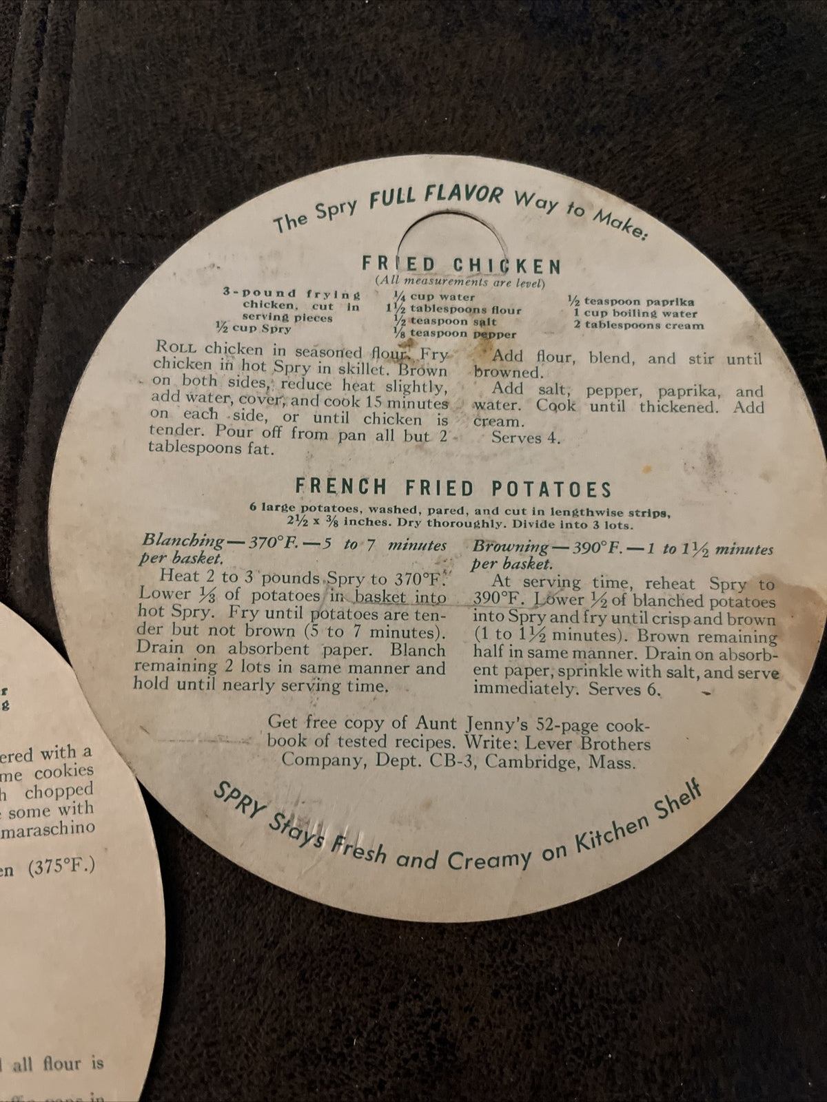 Vintage Spry Shortening Can Cardboard Lid Insert