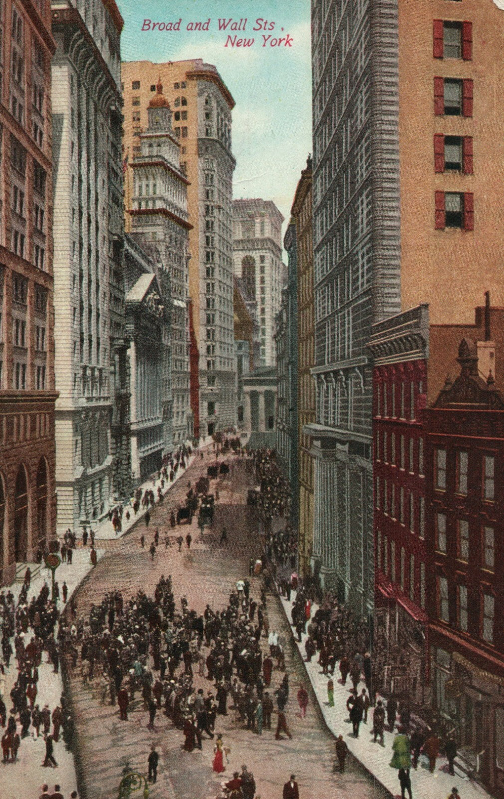 Broad and Wall Streets Busy Street View New York City NYC NY Postcard