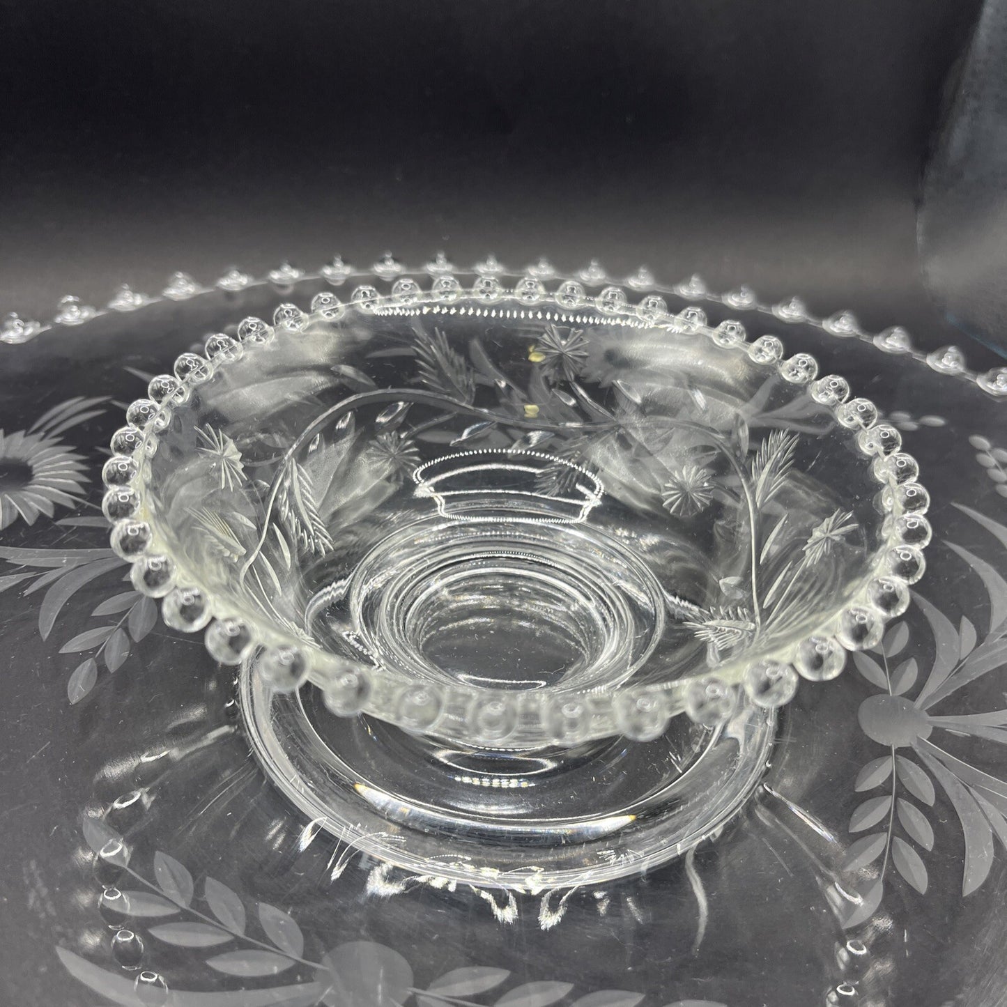 Vintage Crystal Etched Candlewick  Serving Platter Tray w Bowl, 14 In Flowers
