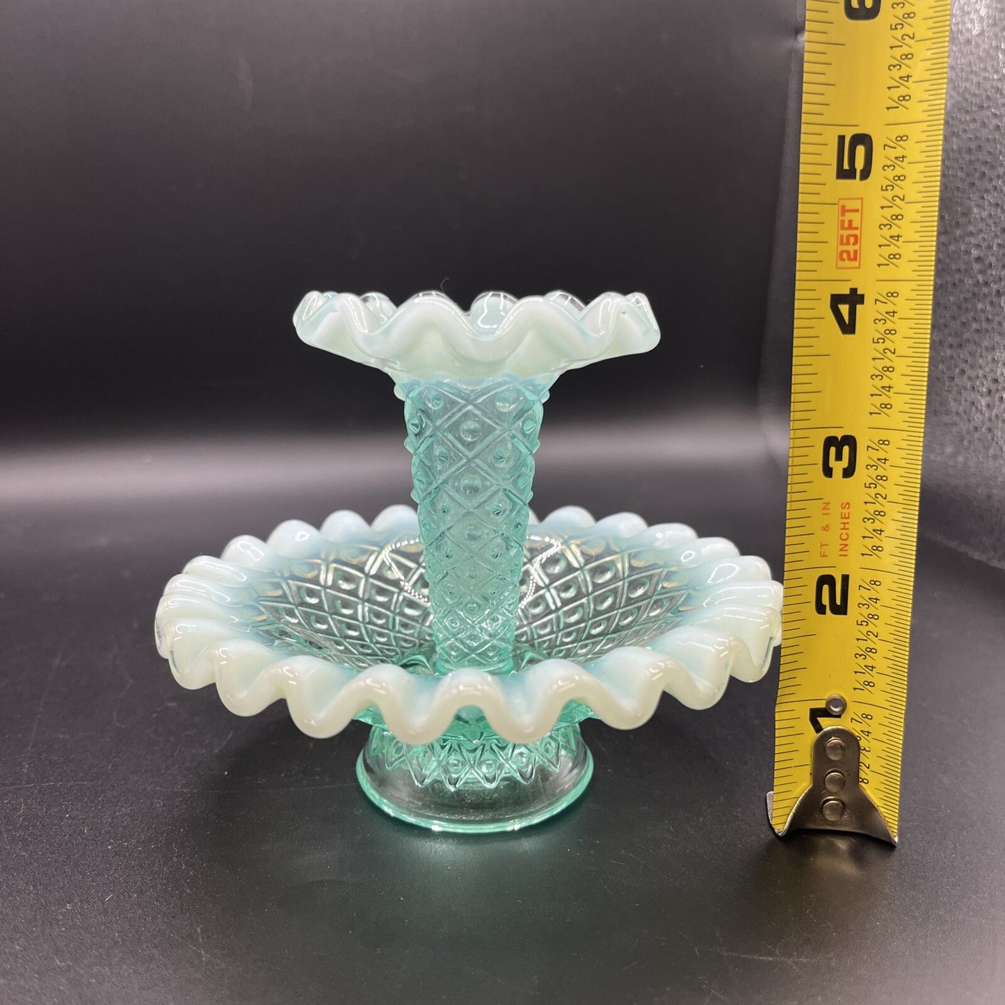 Vintage Fenton Blue/green  Opalescent Epergne Vase 1940s Hobnail Horned Vase